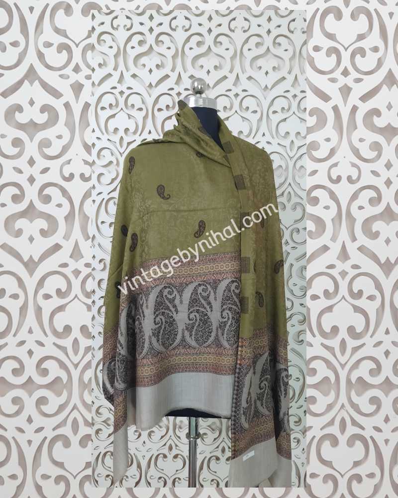 Olive Green Handwoven Pure Pashmina Self Paisley Shawl SH-589